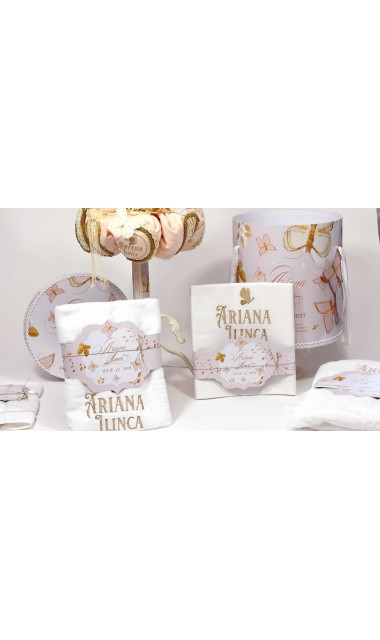 Trusou botez personalizat si brodat cu fluturi roz albi sau gold 4